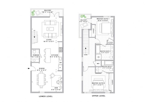 Floor plan for 2 beds, 2.5 baths, 1373 sqft